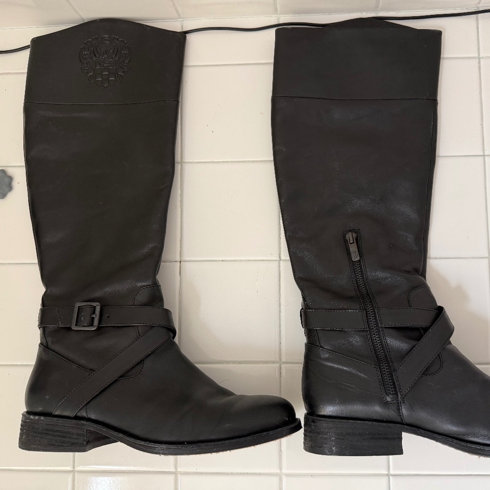 Vince Camuto tall black leather boots.  Good condition. 8.5 M, Side Zipper